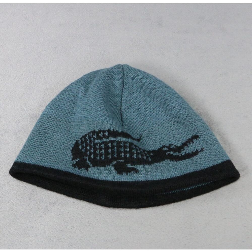 Lacoste Reversible Knit Beanie Hat Black Blue Striped Logo Crocodile Winter Cap